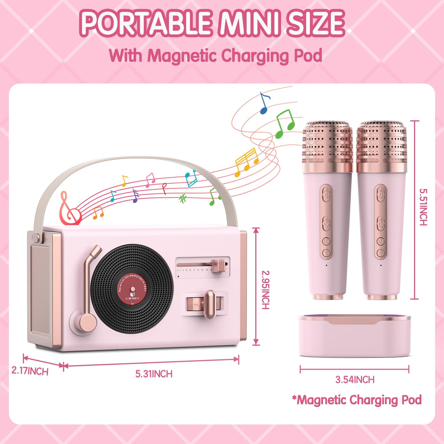 Wowmoment Mini Karaoke Machine For Kids&Adults, Portable Bluetooth Speaker With 2 Wireless Microphones And Charging Pod, Stereo