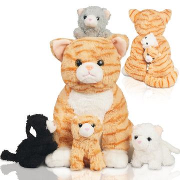 5 Pcs Cat Stuffed Animals With Babies Inside, 12 Inch Mommy Plush Cat Toy With 4 Kitten Babies In Zippered Pouch, Nurturing Mom