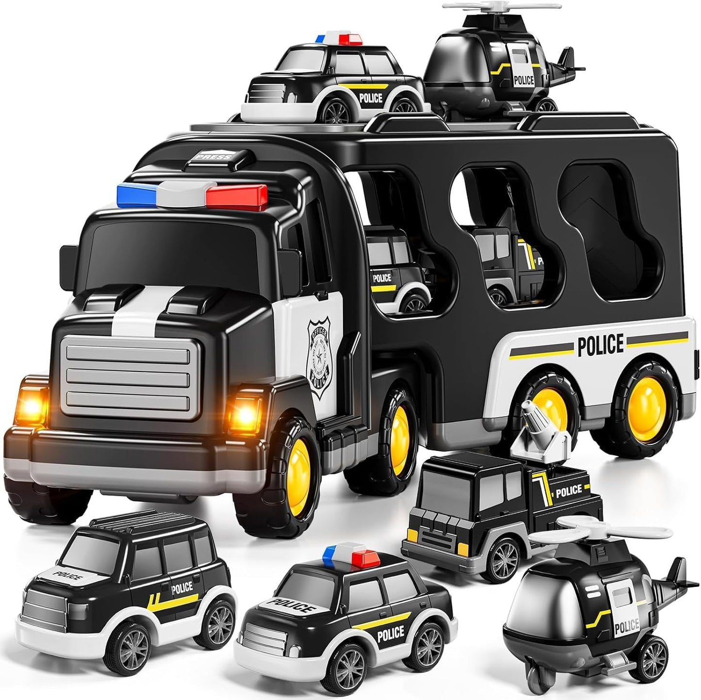 Kidoyz 5-In-1 Police Trucks Toy Set For Kids | Transport Carrier Truck With 4 Mini Vehicles | Toys For Boys & Girls Ages 3-7 | T