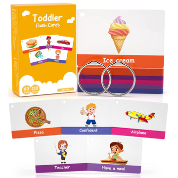 60 Cards, 120 Pictures Educational Toddler Flash Cards For Toddlers 3,4,5,6 Years, Preschool Kindergarten Toddler Learning Toys, Professional,Food,Drink, Transportation, Feeling, Behavior