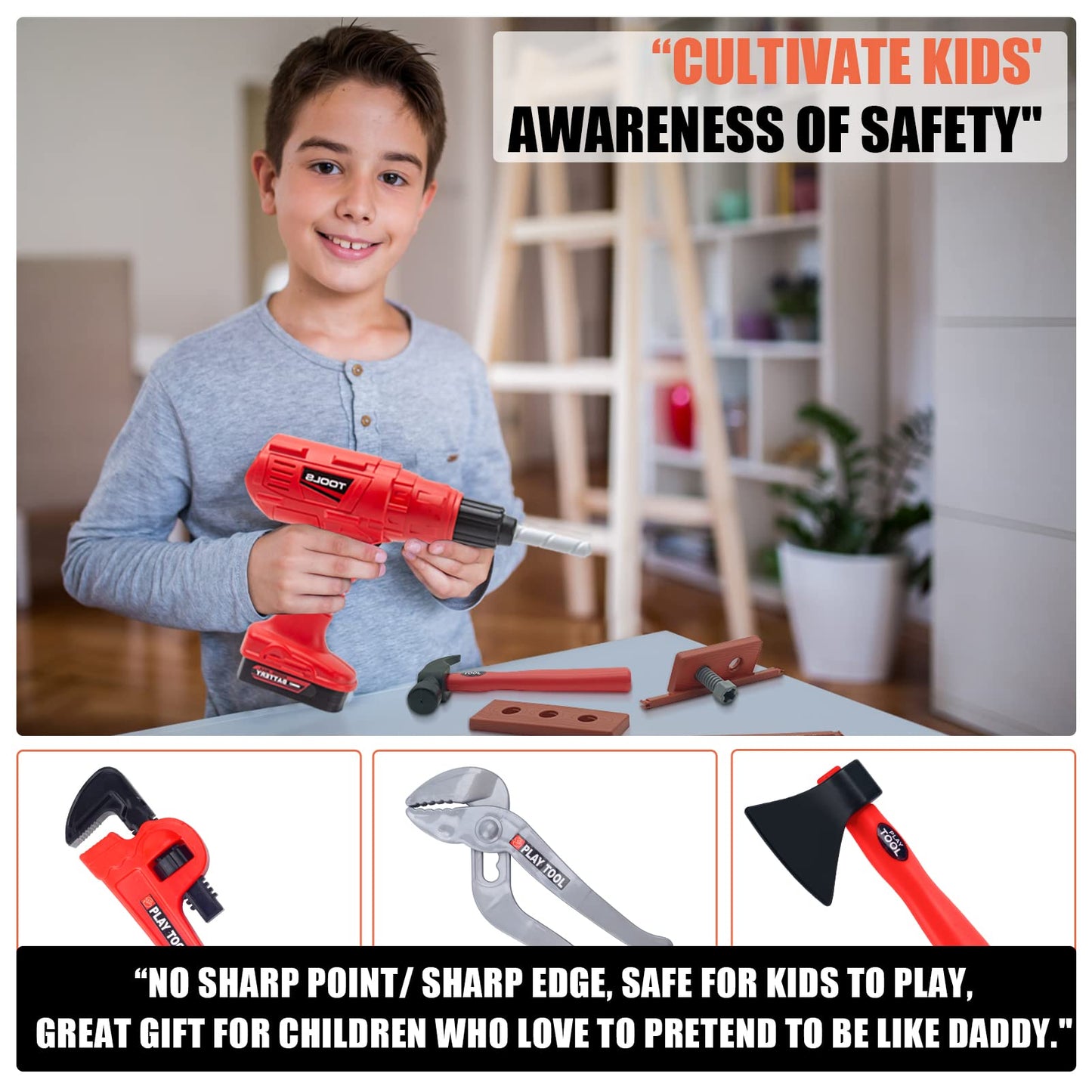 iKaufen Kids 68-Piece Toddler Tool Set with Tool Box & Electric Toy Drill - Pretend Play Construction Toy Set for Boys & Girls A