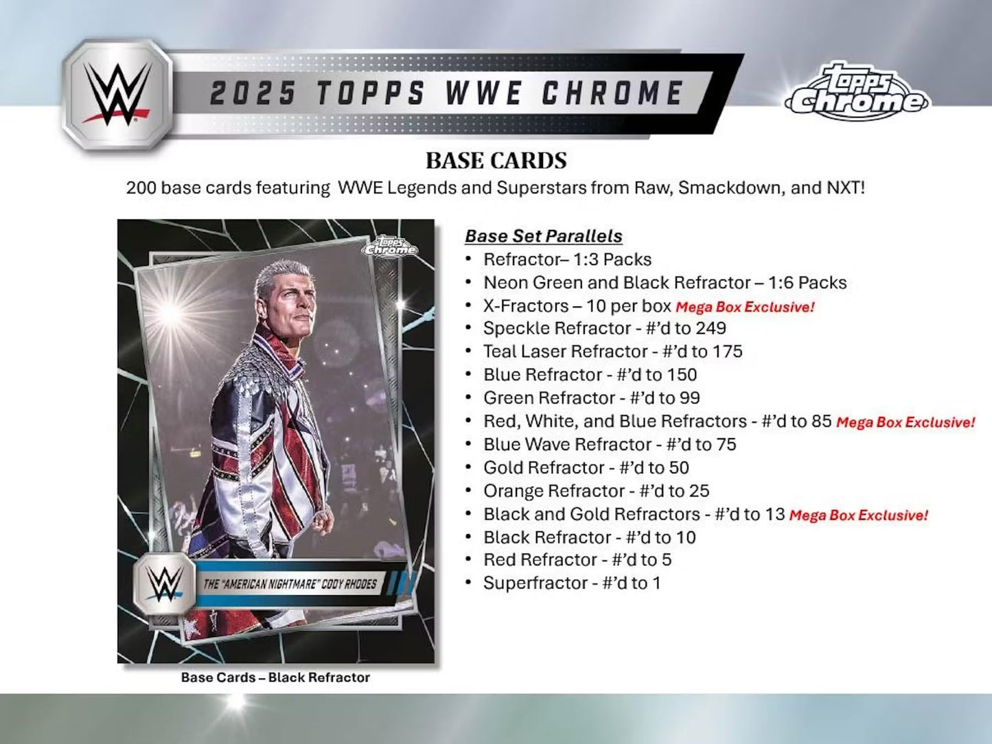 2025 Topps Chrome Wwe Trading Cards Mega Box, 48 Total Cards, 6 Packs, 8 Cards Per Pack