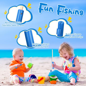Sumind 6 Pcs Magnetic Fishing Pole Wooden Magnetic Fishing Rods With Magnet Hooks Christmas Fishing Game Toy Gifts For Birthday Party(Blue,Column)