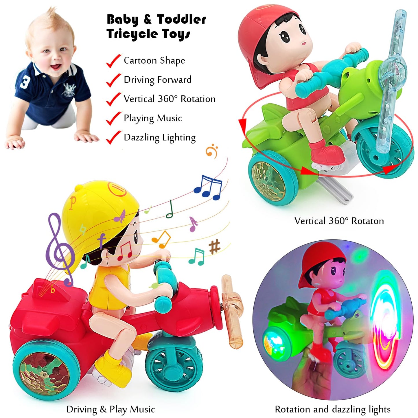 Tipmant Baby Toddler Electric Tricycle Toy Motorcycle Vehicle Stunt Performance, Music, Luminous Lights, Kids Birthday Gifts (Ye