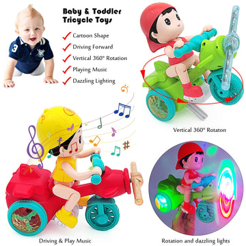 Tipmant Baby Toddler Electric Tricycle Toy Motorcycle Vehicle Stunt Performance, Music, Luminous Lights, Kids Birthday Gifts (Re