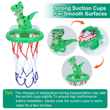 Bath Dinosaur Toys Gifts For Kids Ages 1-3 4-8, Bathtub Shooting Game & Fun Basketball Hoop For Boys Girls Baby Infant Toddlers - New Upgraded Strong Suction Cup Basketball Hoop With 3 Balls Set