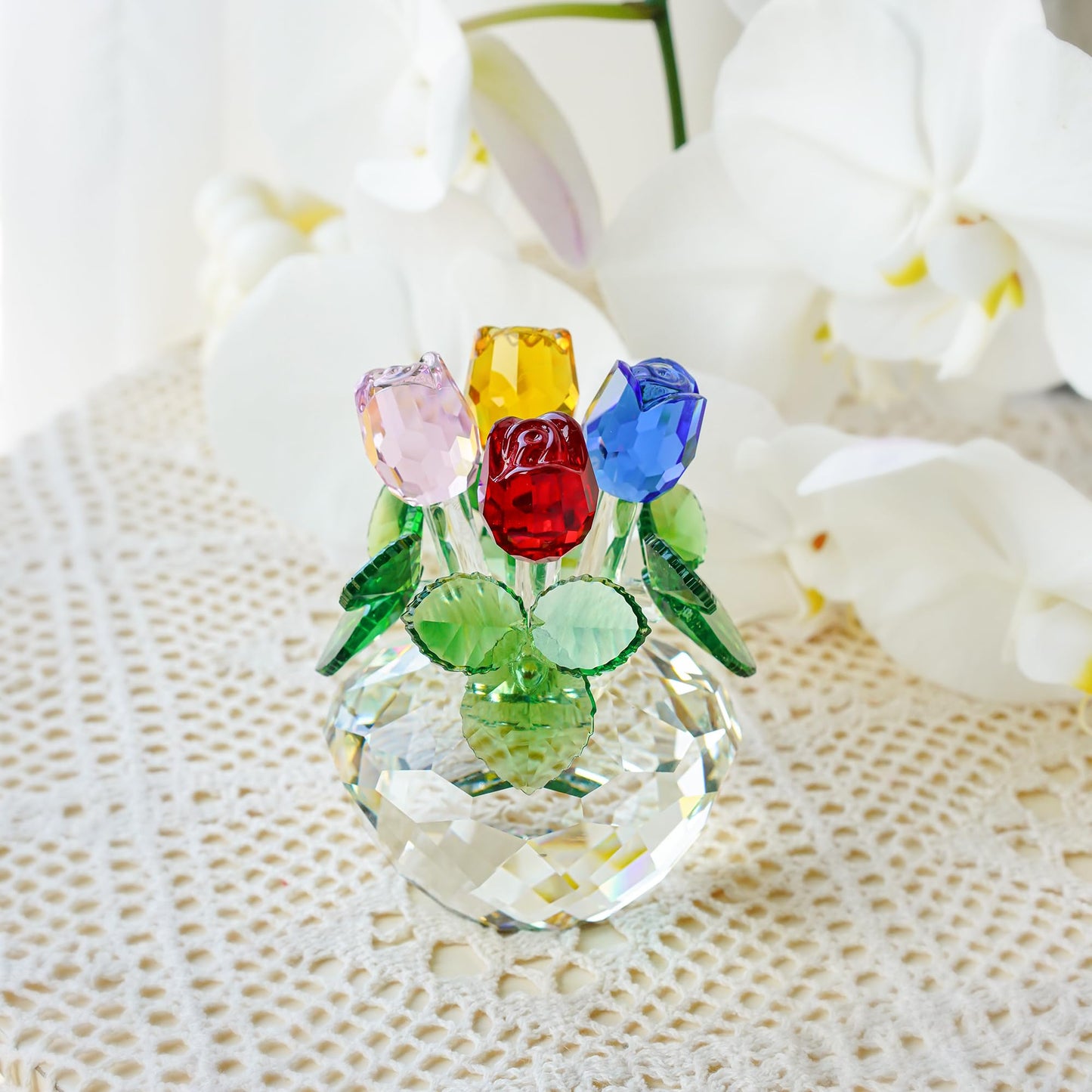 H&D HYALINE & DORA Crystal Rose Figurine - Romantic Collectible Glass Flower Ornament in Color Rose Flower with Gift Box