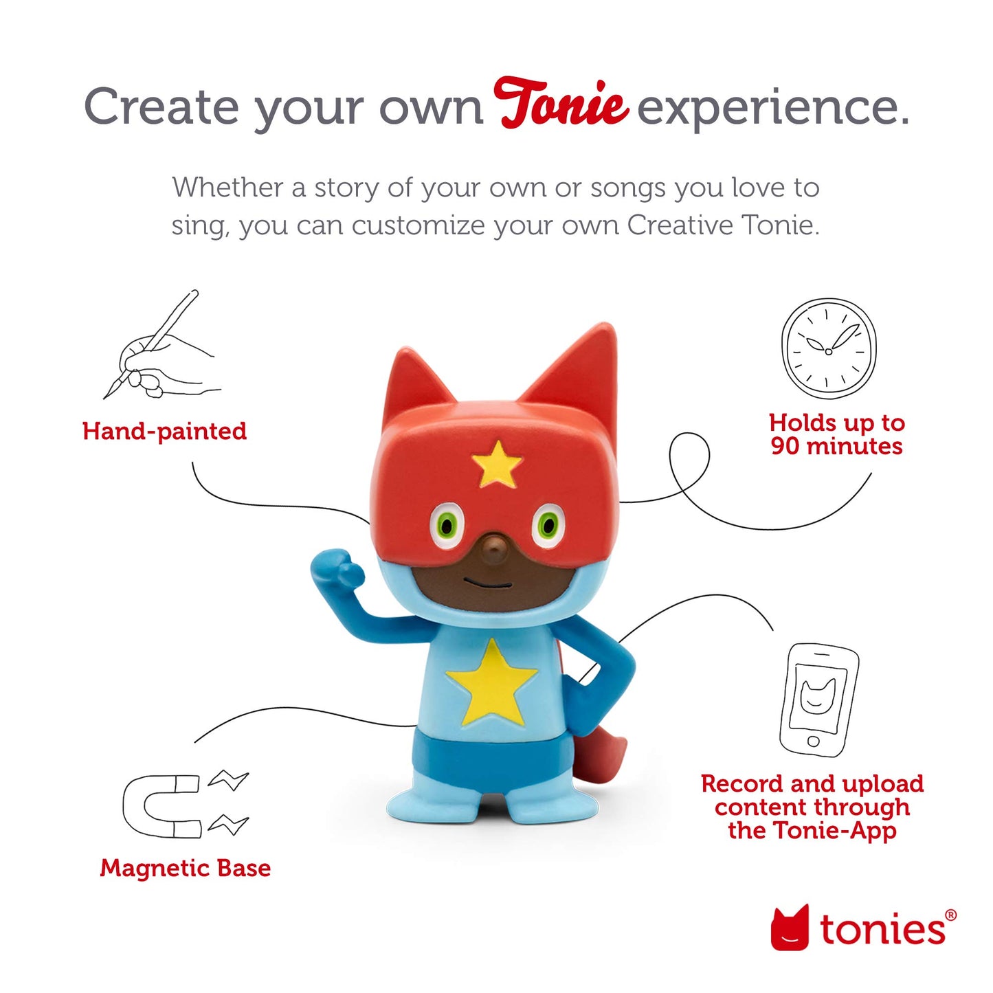 Tonies Superhero Creative Audio Character - Record And Upload Up To 90 Minutes Of Your Own Stories And Songs - Blue/Red
