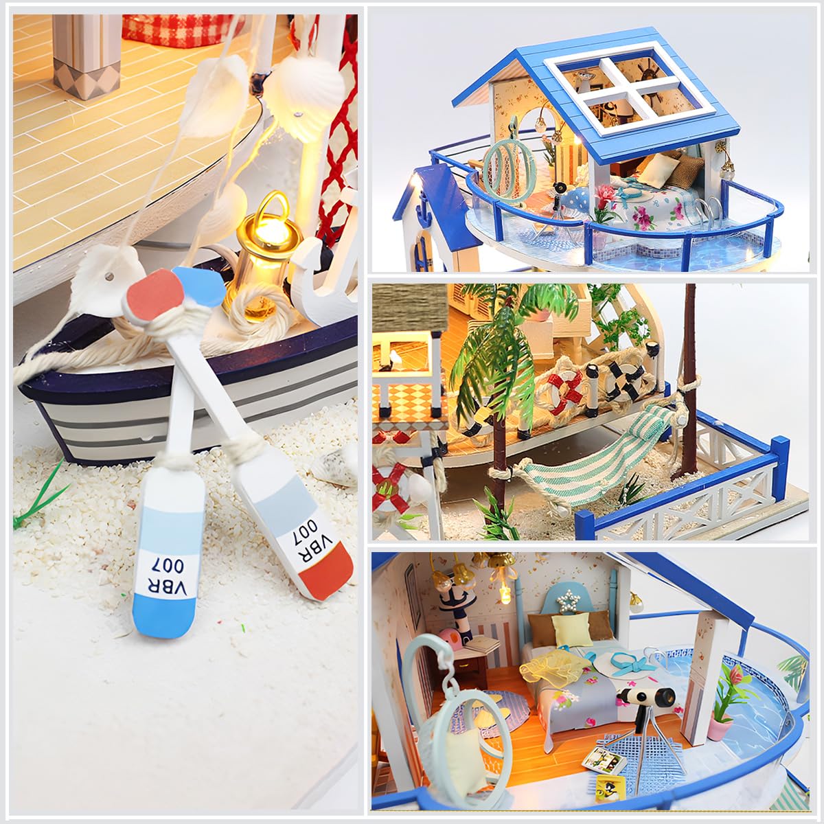 RHZN Miniature House Kit - DIY Beach House Dollhouse, 1:24 Scale, Wood Material