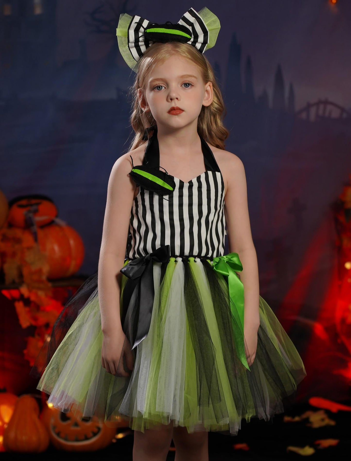 Obeeii Kids Girls Halloween Costume Black White Stripe Tulle Tutu Dress With Headband Set Little Girls Carnival Fancy Dress Blac