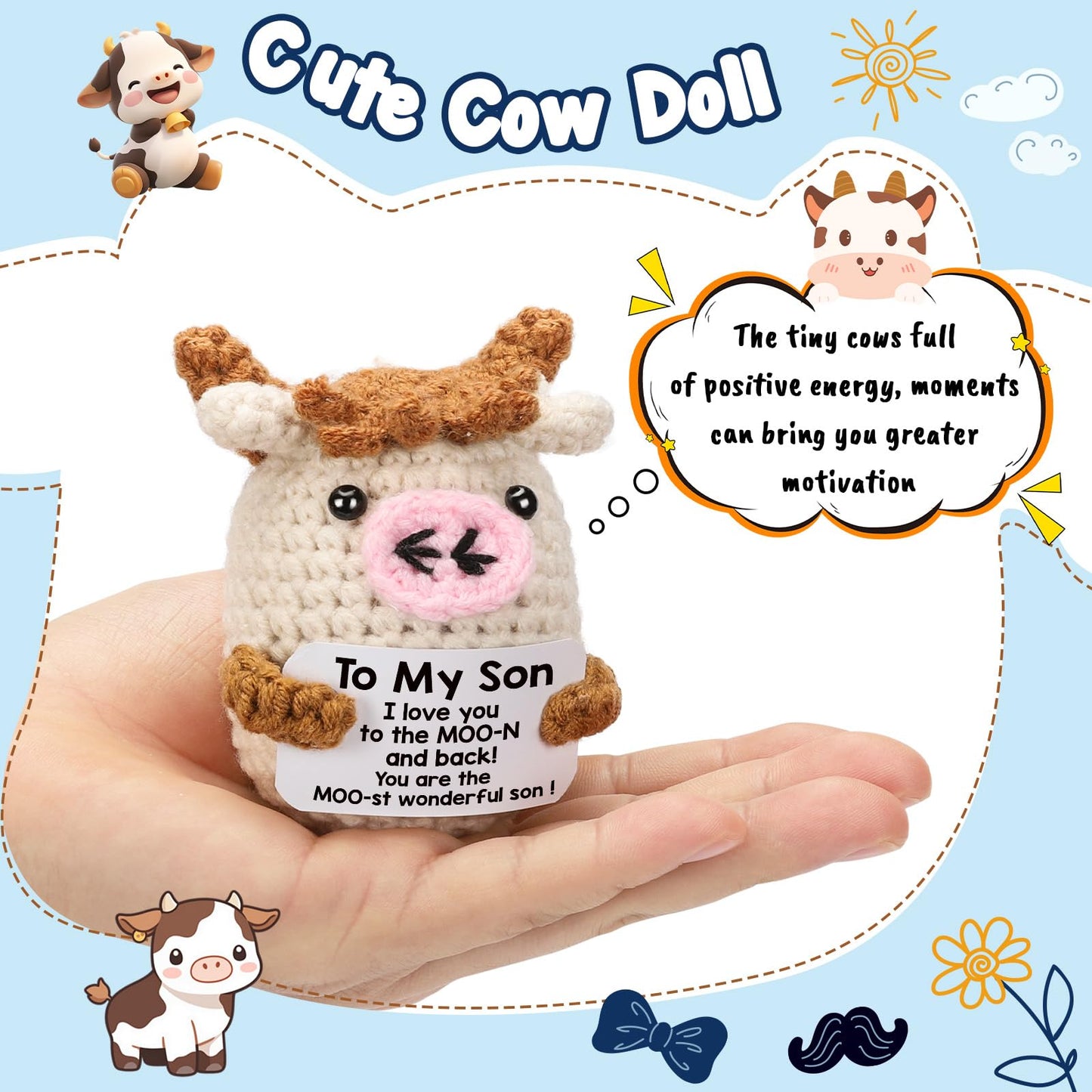 YUEYUQIU Gifts for Son from Mom/Dad - Christmas Birthday Gifts for mature-themed Sons Teens Son in Law  Handmade Crochet Small Cow Present for Graduation Birthday Valentines - You are The Most Wonderful Sons