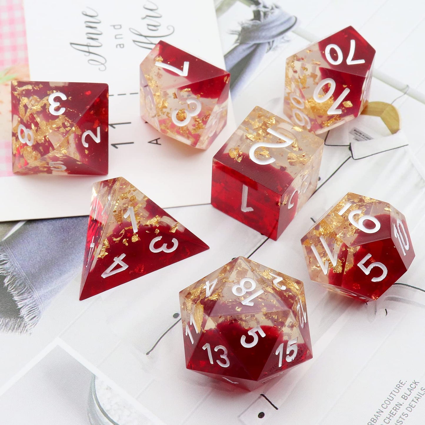 PJOY DND Sharp Edged Dice Set, 7pcs Red Clear Resin DND Dice Set D&D Polyhedral Dice with Dice Case for Role Playing Dice Games