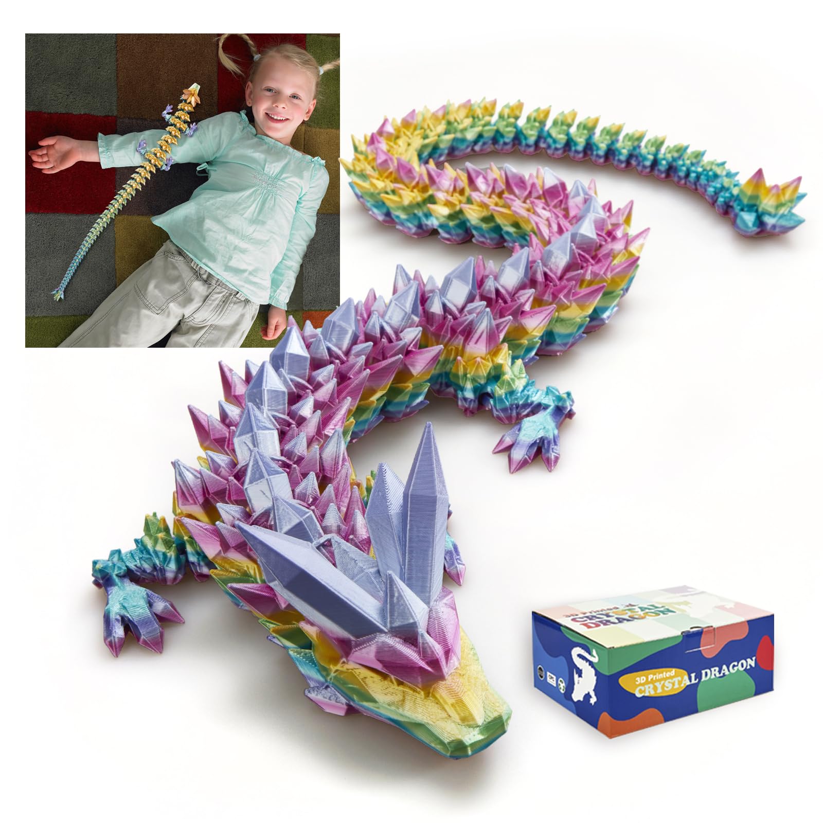 Rwsefk 24 In 3D Printed Dragon, 24Inch Dragon,3D Dragon Toy,Large Dragon Present,Ariculated Crystal Dragon(Rainbow)
