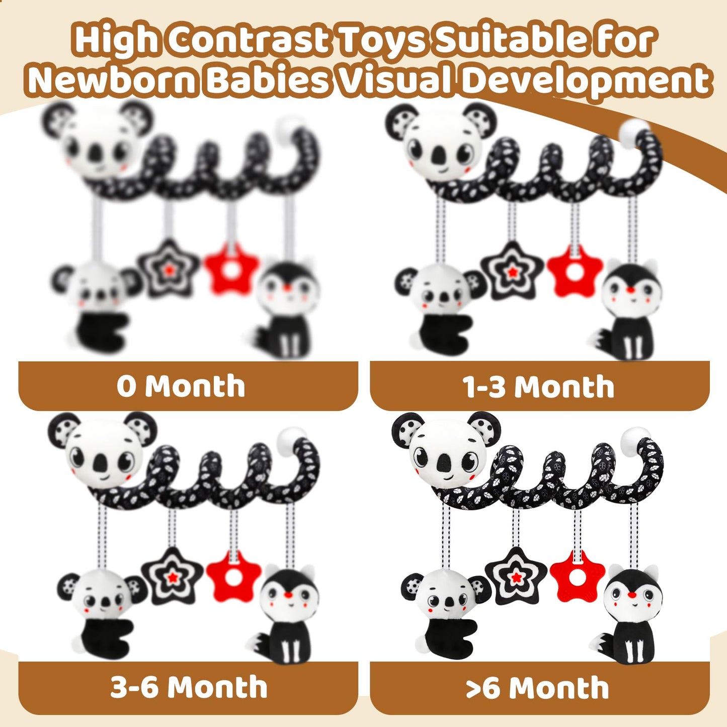 Fnqutoy Baby Stroller & Carseat Toys Hanging Black And White High Contrast Baby Toys For Newborn Plush Sensory Activity Toys Bab