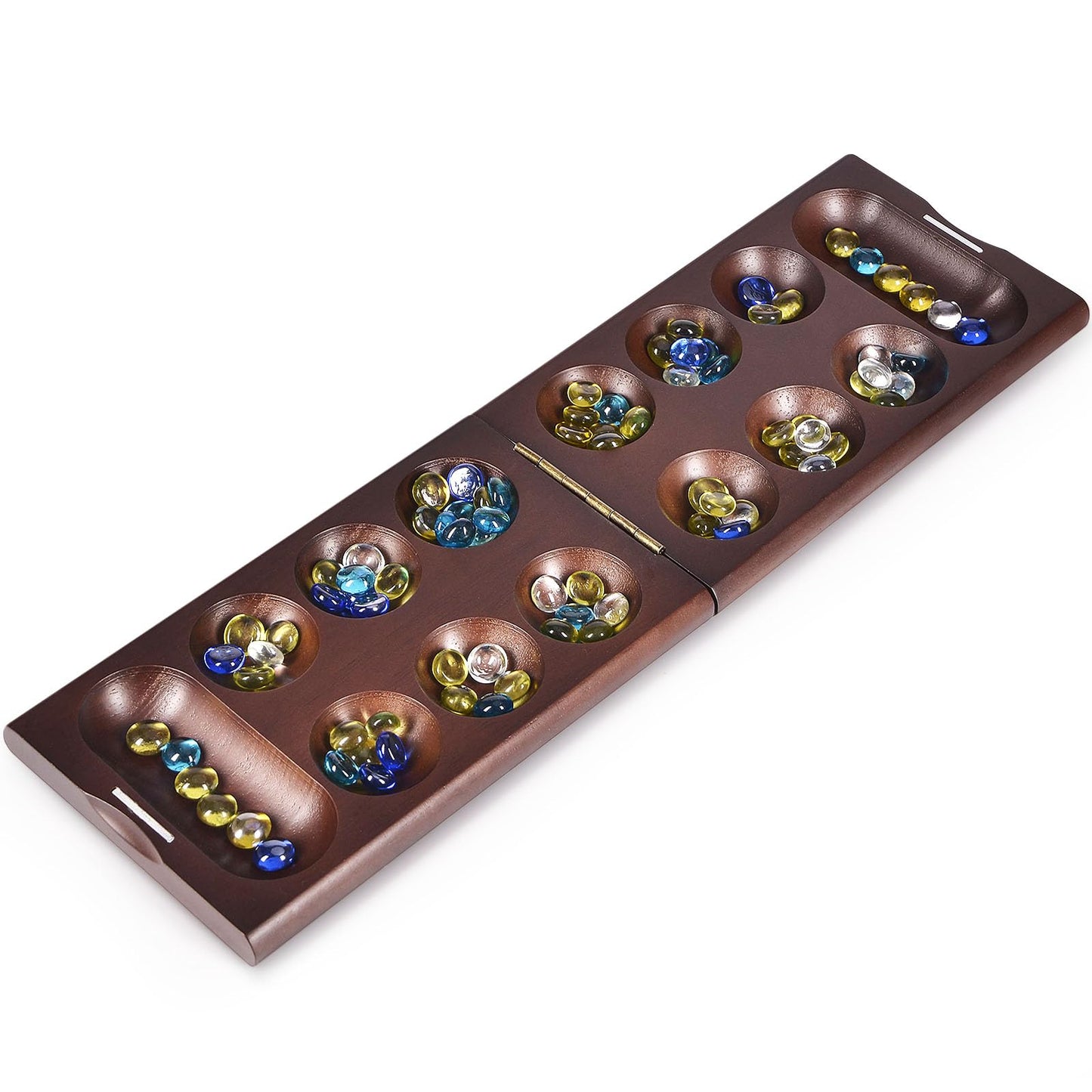 Vamslove Wooden Mancala Board Game With Magnetic Lock / 48+8 Extra Multi Color Glass Stones, Folding Mancala Set For 2 Player, 6 Age And Up (Instructions Included)