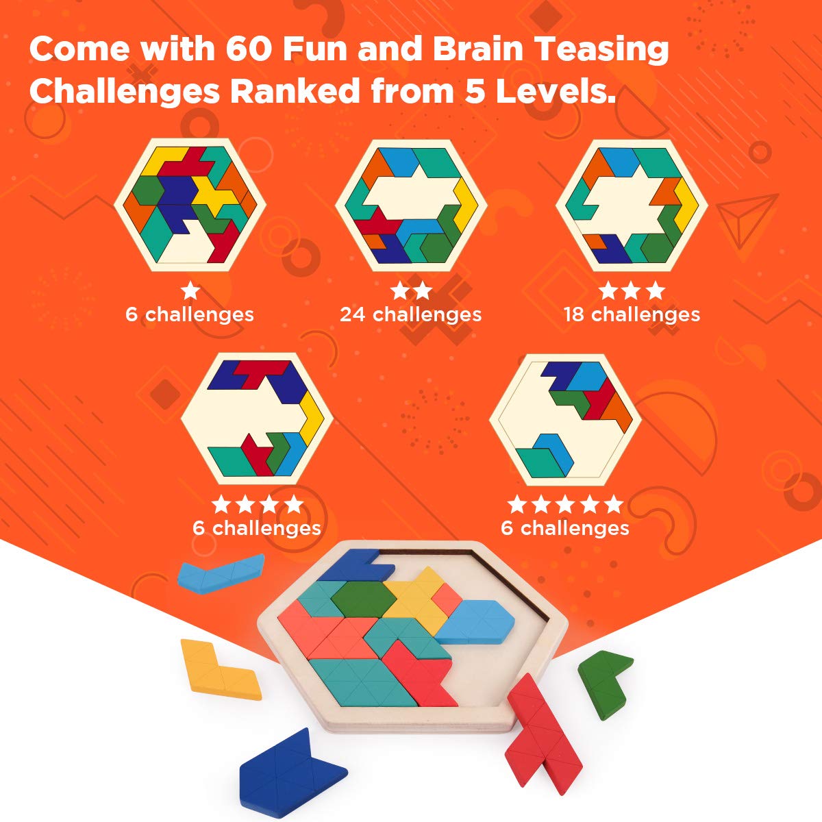 Vanmor Wooden Hexagon Tangram Puzzle - 3D Logic IQ Game, Basswood, 60 Challenges, STEM Educational Toy for Kids & Adults