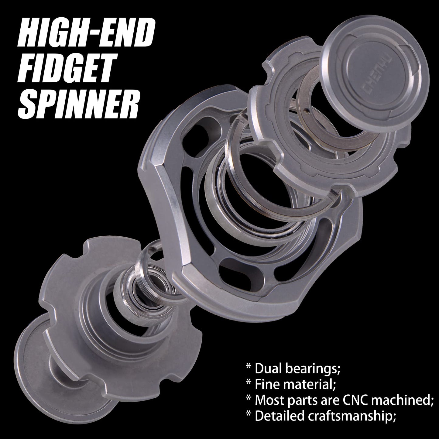 DjuiinoStar Premium Stainless Steel Fidget Spinner - Unique Dual Bearings, CNC Machined, EDC Toy, 48mm x 17mm, DFS-01