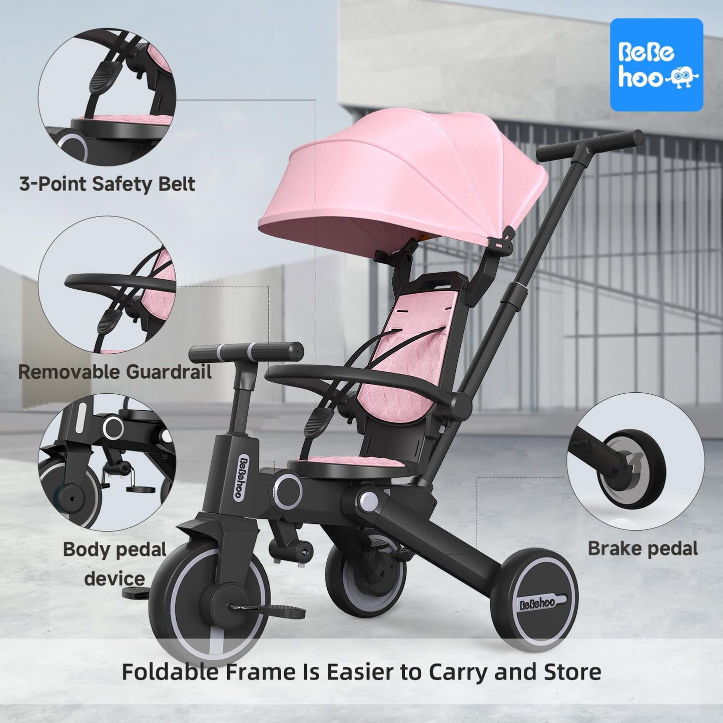 Bebehoo Tricycle Stroller for Toddler,Foldable Baby Tricycle,Kids Balance Bike with Push Handle,Toddlers Stroller Bike with 1 to