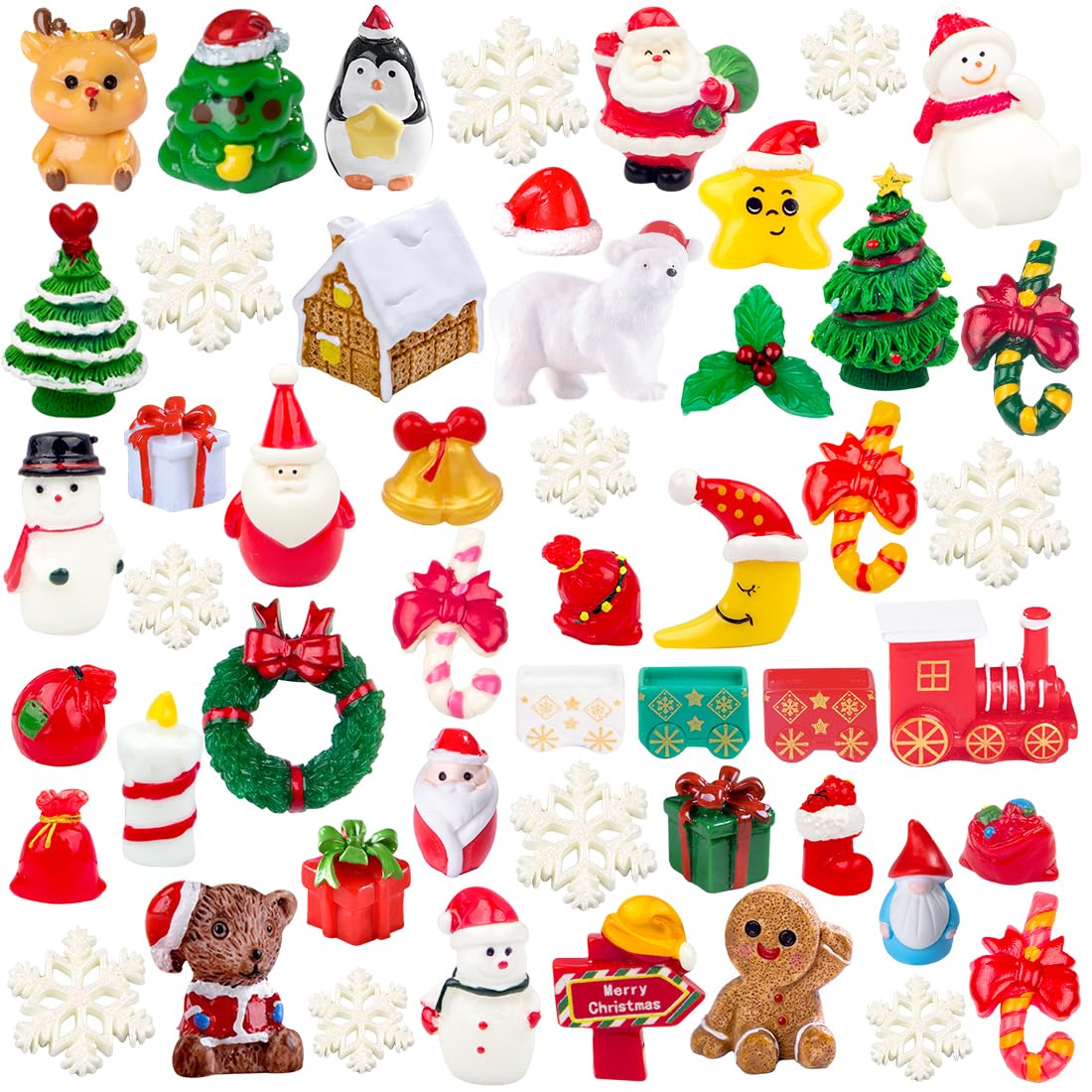 50PCS Miniature Christmas Figurines Set - Mini Resin Christmas Decorations with Snowflakes  Santa  Snowman  Tree  Gifts - Mini Resin Figures for Crafts  Dollhouse & Holiday D?cor