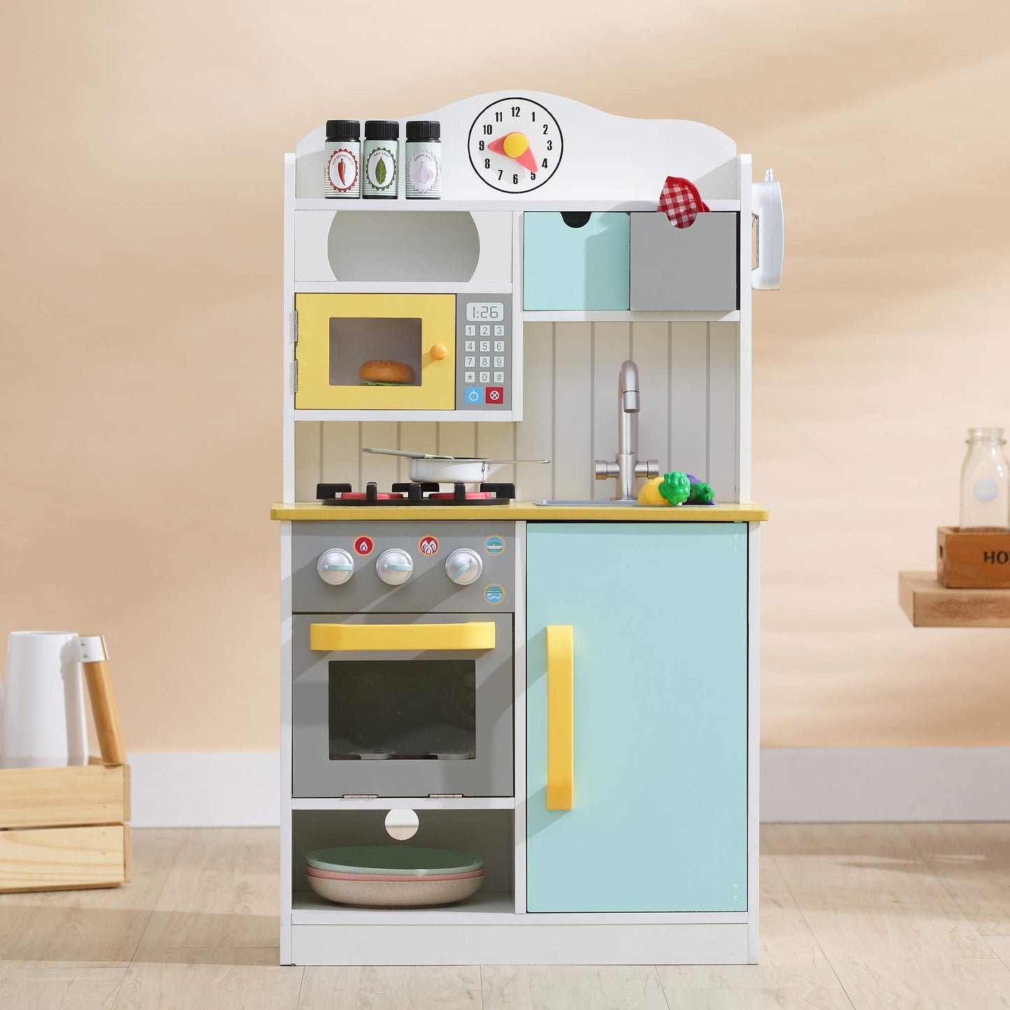 Teamson Kids Wooden Play Kitchen - Interactive, White/Mint Green, 21.5"x11.63"x38", Model TD-11708AR, with Accessories & Storage