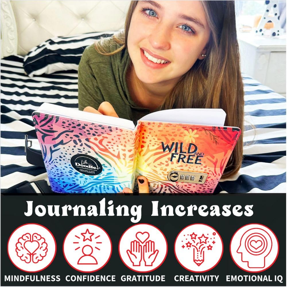 Life Is A Doodle Diary For Girls And Journal For Teens - Diary With Lock Gift Set Includes: Locking Notebook Journal, Traveling Pencil Pouch, Silver Brave Cuff, Writing Pen, And Sleek Gift Box