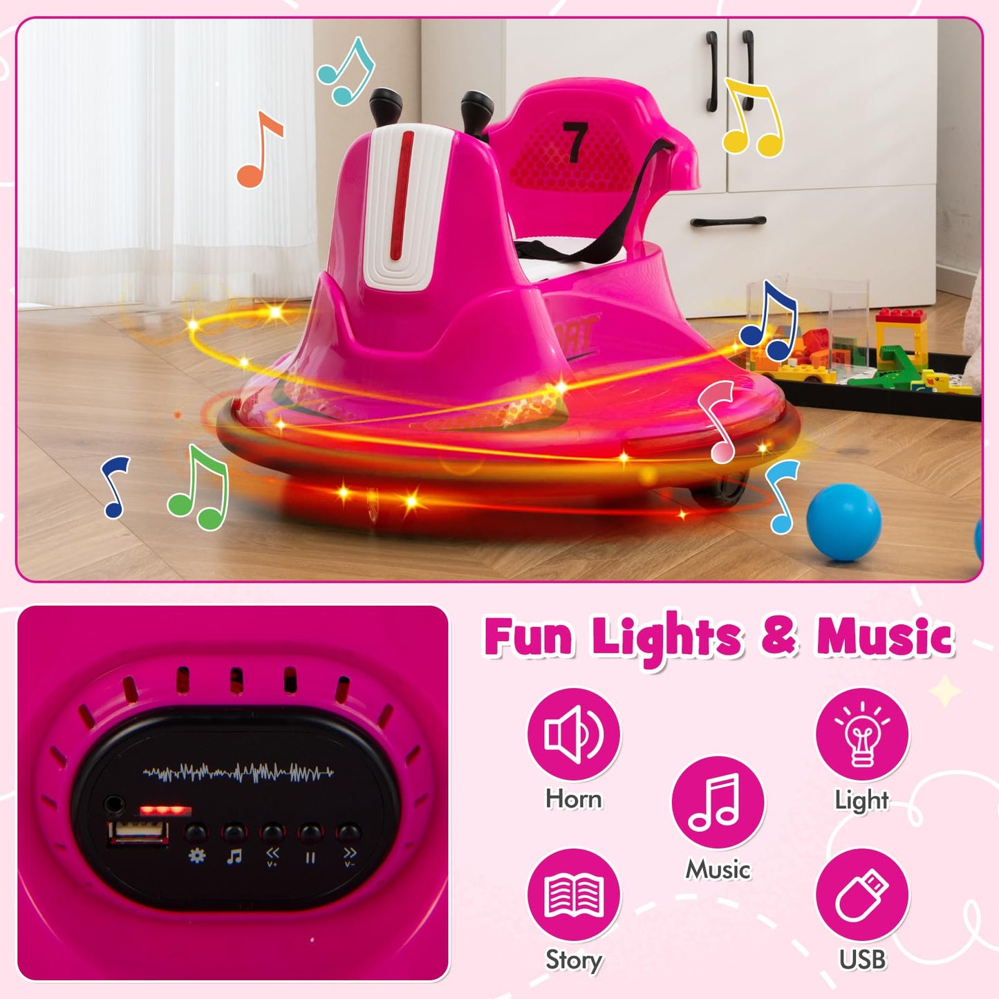 Costzon 12V Kids Ride On Bumper Car, Electric Bumper Car W/Dual Joysticks, Remote Control, 360° Spin, Slow Start Function, Led Lights & Fun Music, Adjustable Safety Belt, Soft Bumper (Pink)