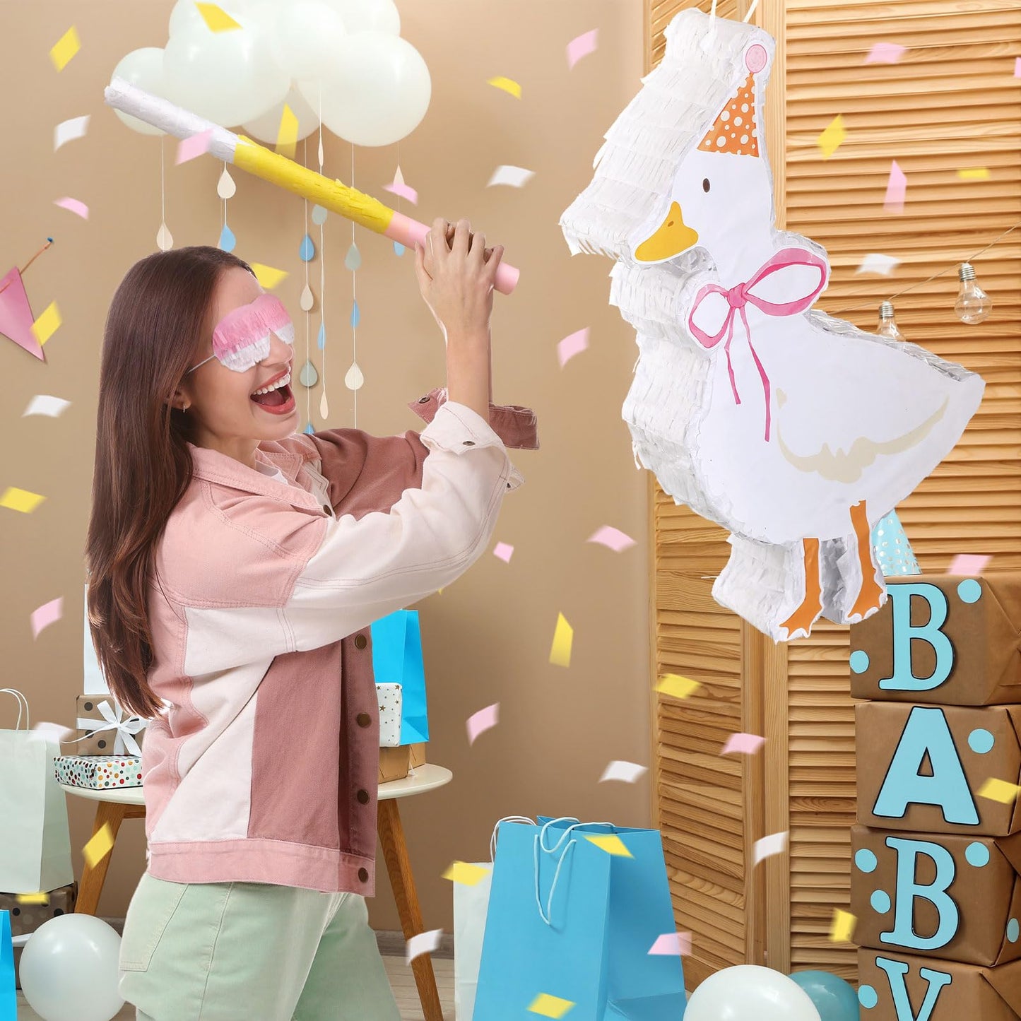 Glimin One Silly Goose Birthday Party Decor Piata with Stick, Blindfold and Confetti for Pink Silly Goose Theme Birthday Party B