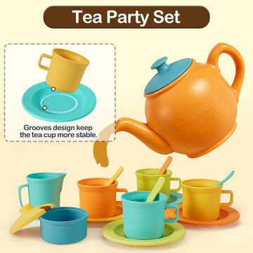 BUYGER Kids Kitchen Accessories and Tea Set for Kids, Toddler Play Kitchen Toy Dish Plates Utensils Dinnerware Set Pretend Role