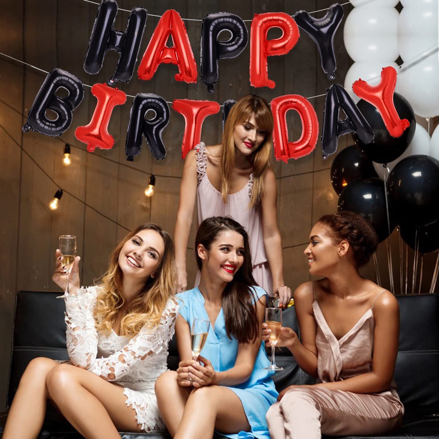 Pigetale Black And Red Happy Birthday Banner Balloons, 16 Inch Mylar Foil Happy Birthday Sign Banner For Kids And Adults, 3D Hap