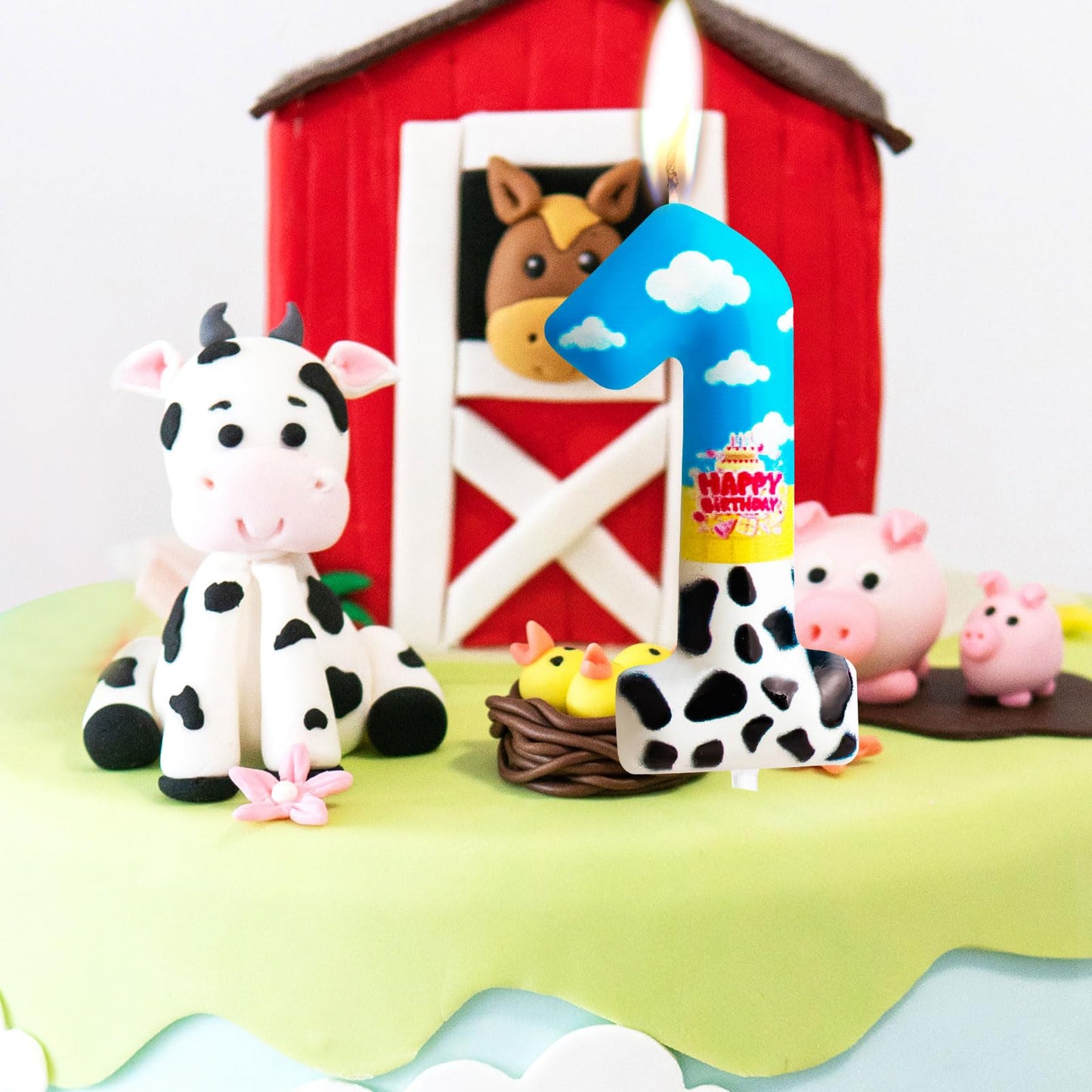 Zi Lan Toy Inspired Game Birthday Candle Cartoon Story Birthday Party Decorations Blue Sky White Cloud and Black Cow Birthday Ca