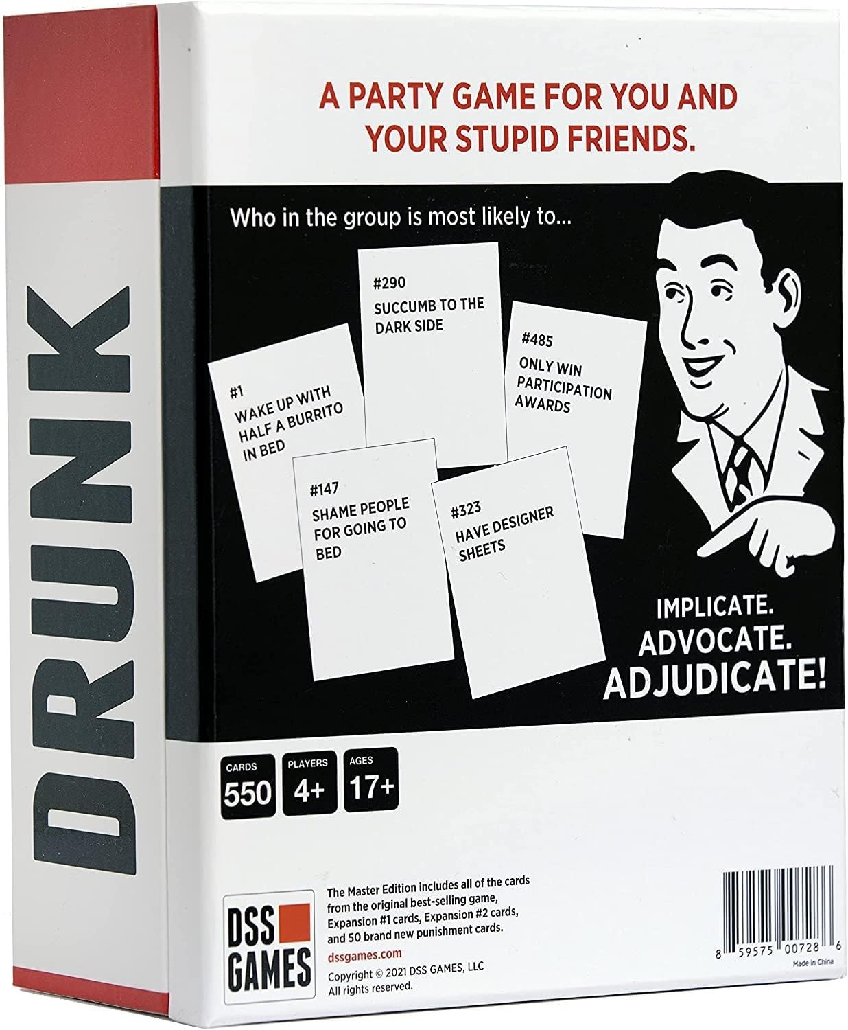DSS Games Drunk Stoned or Stupid Master Edition | Party Card Game | 550 Prompt Cards | Fun for Adults | Ages 17+ | White | Model 91902