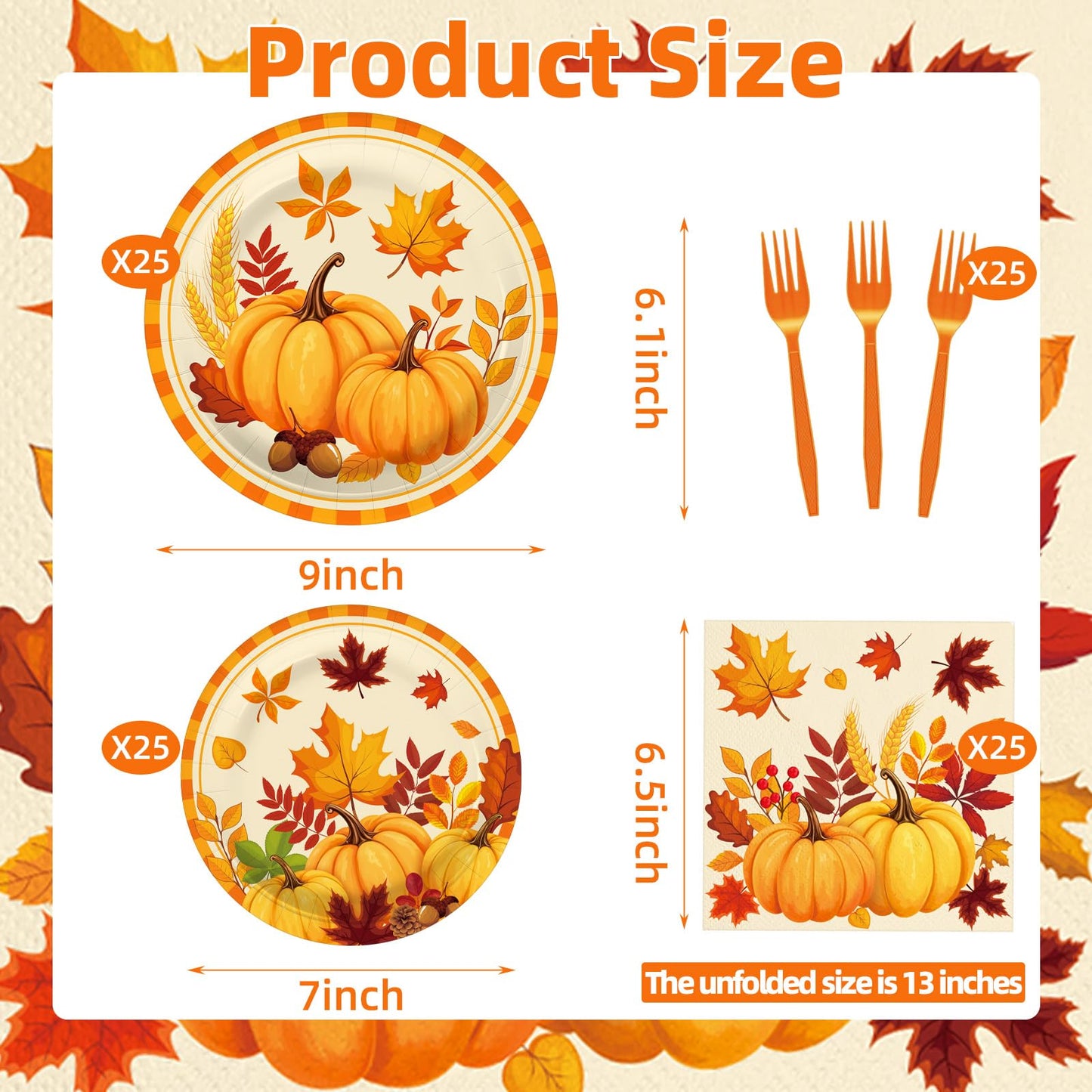 100 Pcs Fall Pumpkin Leaves Tableware Party Supplies Set, Serves 25 - Disposable Autumn Harvest Paper Plates, Napkins, and Forks