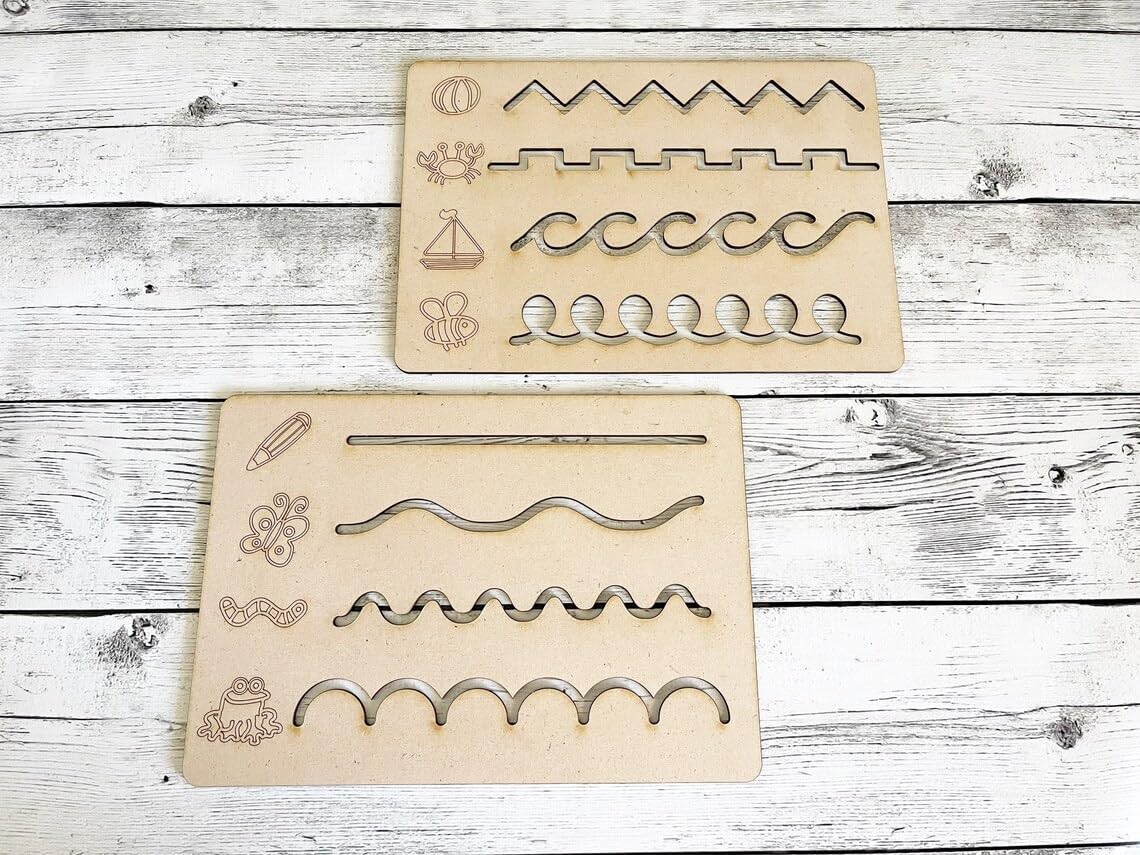 Curious Button Unfinished Wooden Tracing Pencil Preschool Skill Board, Montessori Educational Toys PreWriting Board Montessori 