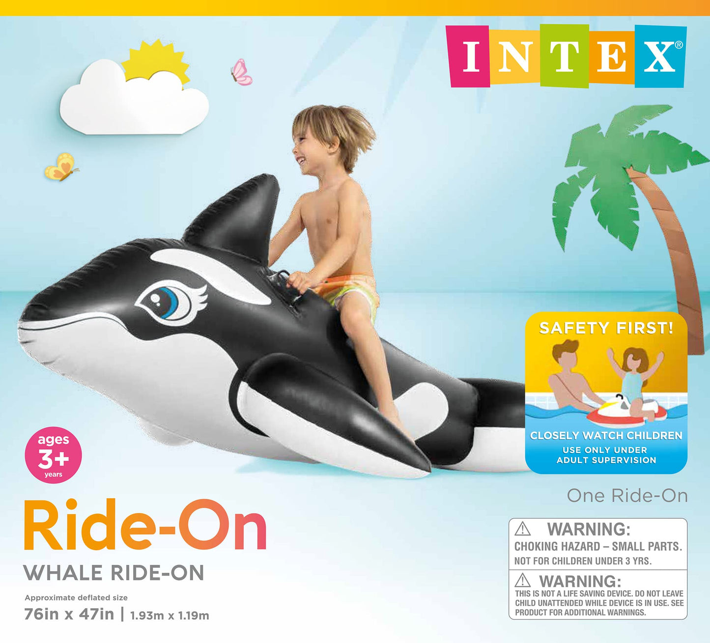 Intex Whale Inflatable Pool Float for Kids, 76" x 47", Plastic, Black, Model 58561EP, 2 Heavy-Duty Handles, 88lb Weight Capacity