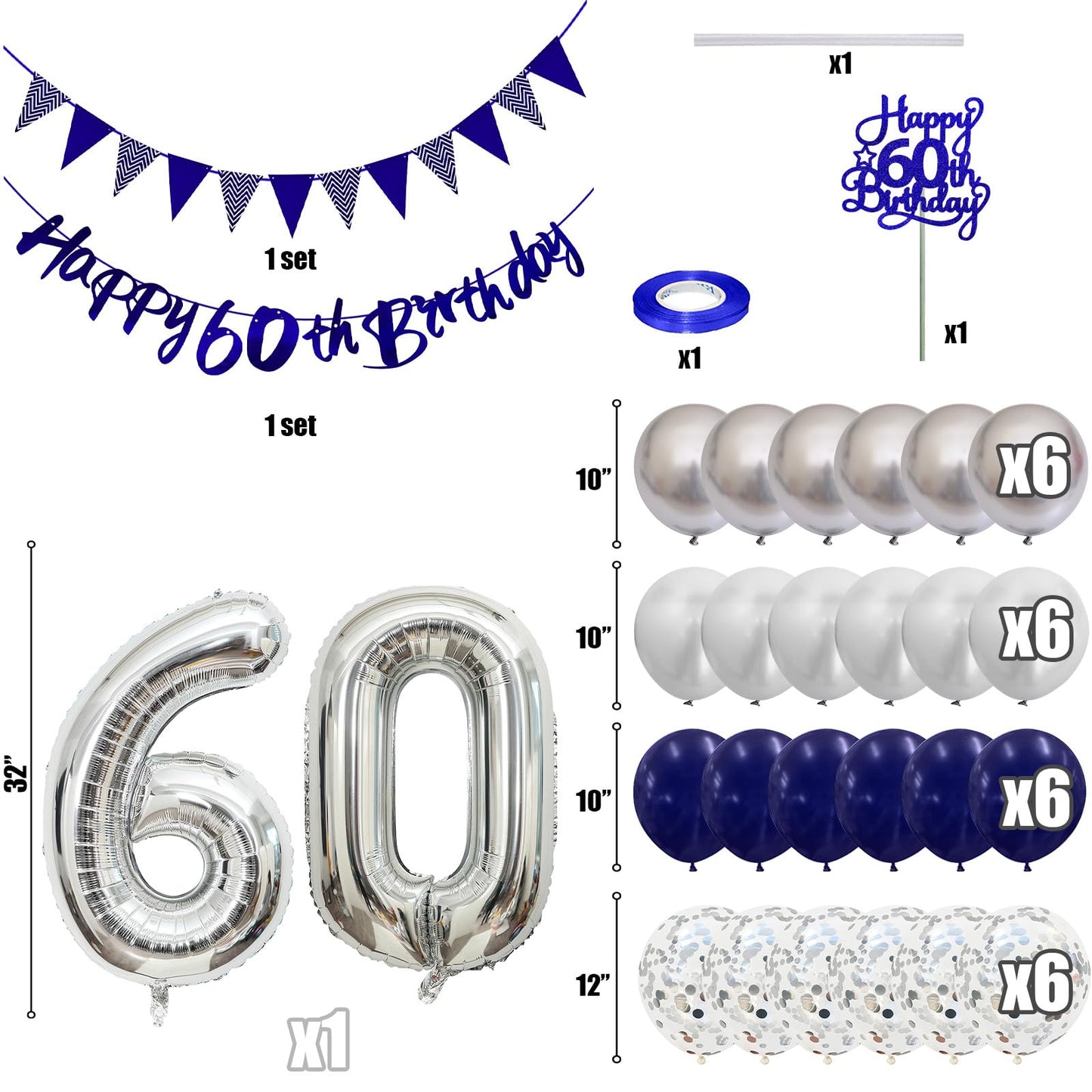 60Th Birthday Decorations For Men, Navy Blue Silver 60Th Birthday Balloons With Blue Happy 60Th Birthday Banner 70 Birthday Cake