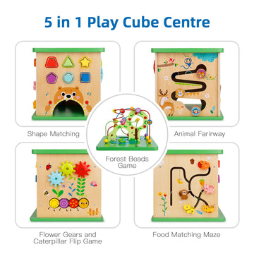 Tookyland 5 In 1 Activity Center, Wooden Large Activity Play Cube, Wooden Learning Puzzle Toy For Toddlers, With Animal Friends, Shapes, Mazes, Shape Sorter