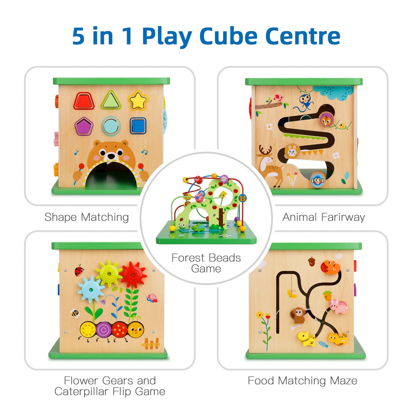 TOOKYLAND 5 in 1 Activity Center, Wooden Play Cube 23"x13"x13", Multicolored Learning Puzzle Toy for Toddlers with Animal Friends and Shapes
