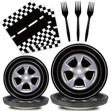 Kepeel 96 Pcs Race Car Party Plates And Napkins Sets, Racing Car Race Track Party Supplies Decorations Racing Sports Themed Dinn
