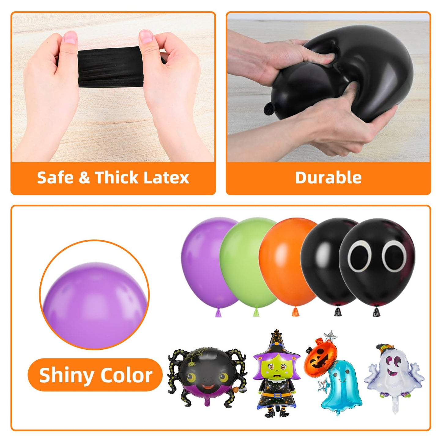 Halloween Balloon Arch Kit, 100 Pcs Purple Green Orange Halloween Balloons, Spider Pumpkin Witch Balloon Foil, Eye Black Orange