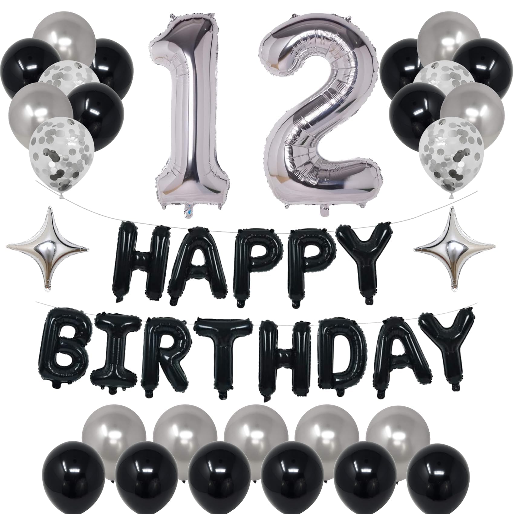 Naninuneno 12Th Black Silver Birthday Party Decorations For Boys Girls, Happy 12 Birthday Party Supplies With Black Happy Birthd