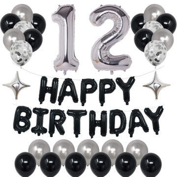 Naninuneno 12Th Black Silver Birthday Party Decorations For Boys Girls, Happy 12 Birthday Party Supplies With Black Happy Birthd