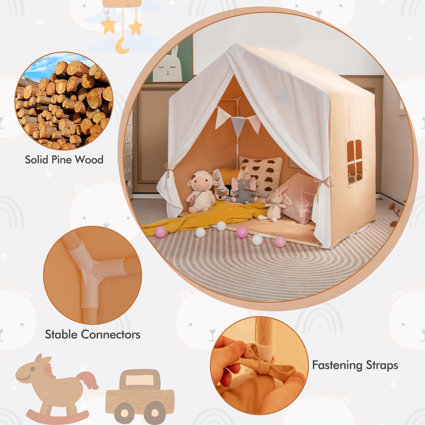 Costzon Large Kids Tent With Mat, Children'S Play Tent W/Flag Banner, Windows, Gauze Curtain, Solid Wood Frame, Indoor Outdoor Kids Playhouse For Boys & Girls Age 3 + (Orange)