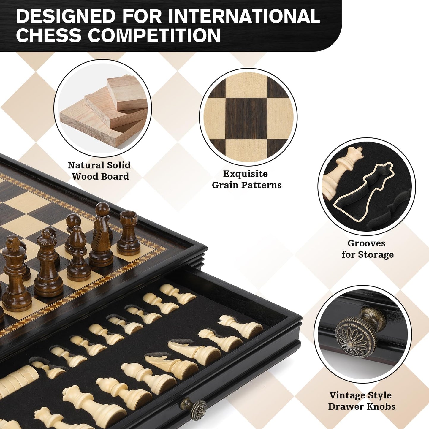 Peradix 12.8 Magnetic Chess Checkers Board Set - Ebony Wooden Game with 2 Built-in Drawers & Extra Queens for Kids & Adults