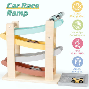 Vanplay Car Ramp Toy for Toddlers, Wooden Montessori Race Track with 4 Cars, 1 Parking Lot, Birthday Gift for 1-3 Year Olds, Beige/Brown/Gray