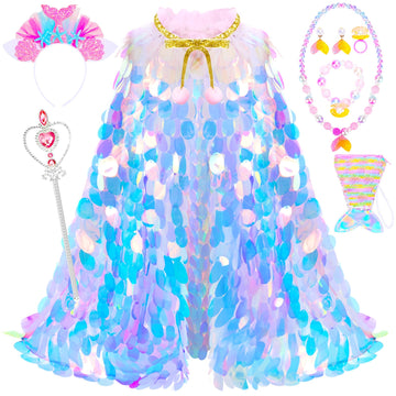 Limiroler Princess Dress Up Toys Princess Dress Up Clothes Rainbow Mermaid Cape Kit 9 Pcs Gift Set For Little Girls 3-8 Years Old, Great Gift Set For Birthday Christmas Halloween (Rainbow Pink)