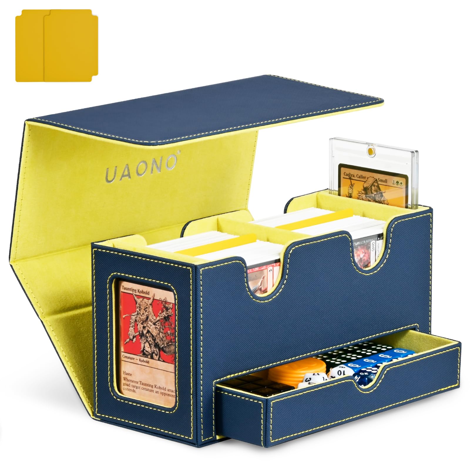 Uaono Card Deck Box For Mtg, Double Card Storage Box With 2 Commander Display & 1 Dice Tray, Fits 200+ Double Sleeved Cards, Card Organizer For Ccg Tcg Sports Cards (Blue Yellow)