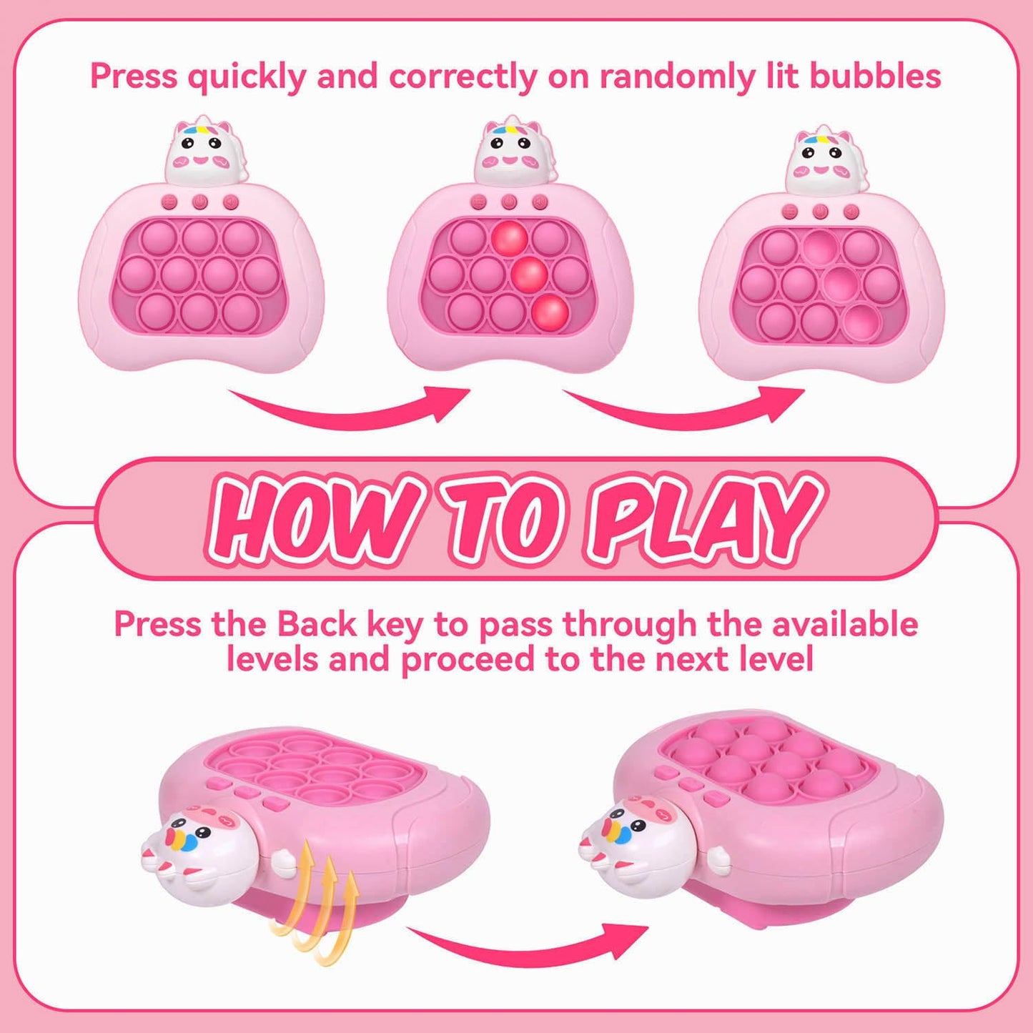 Lesipee Fidget Toys Fast Push Bubble Game Console, Handheld Puzzle for Kids, Ages 3-12, Colorful Silicone, Pink