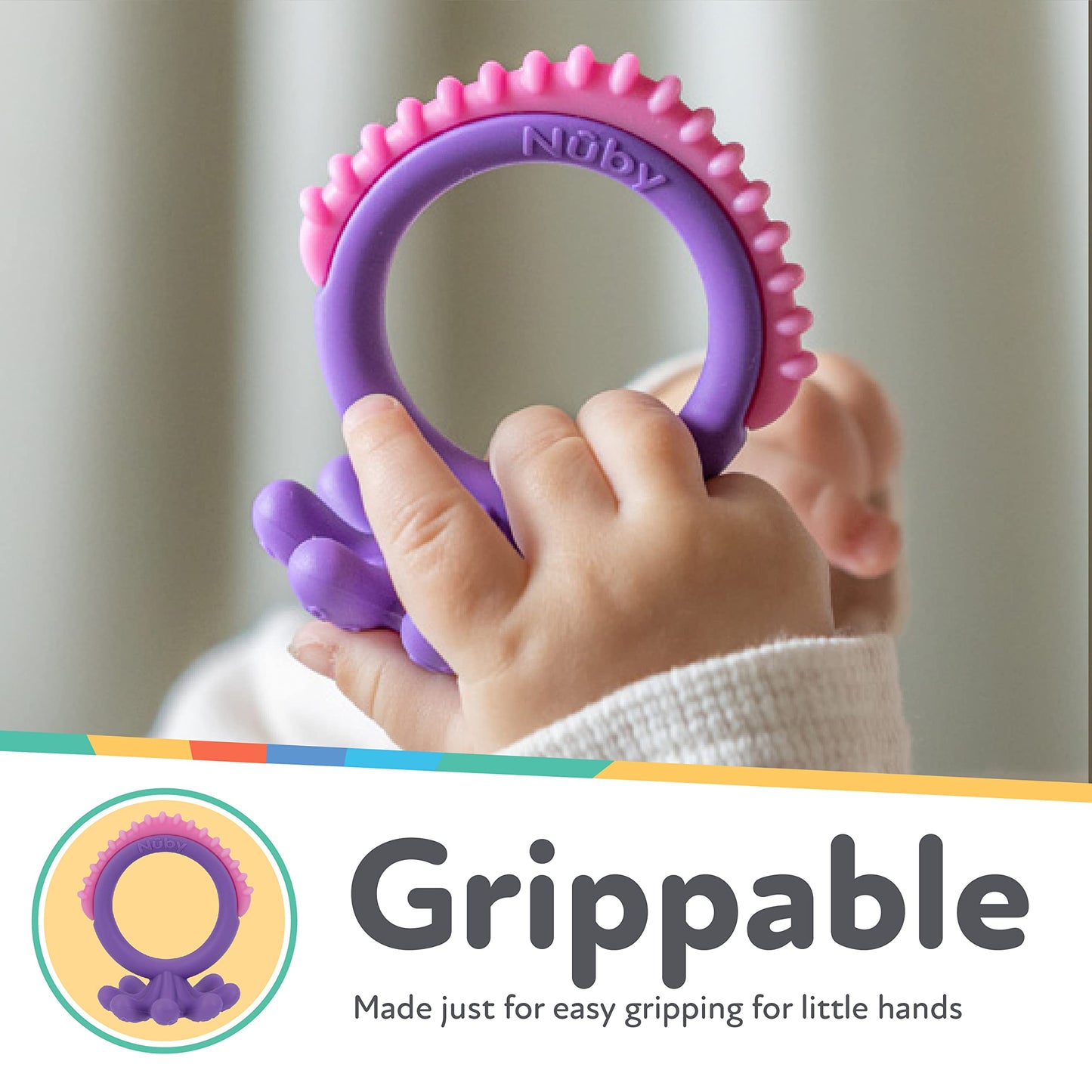 Nuby Geo Zoos Massaging Teether - Baby Teething Toy - Soft Bpa-Free Easy Grip - 3+ Months - Purple Octopus