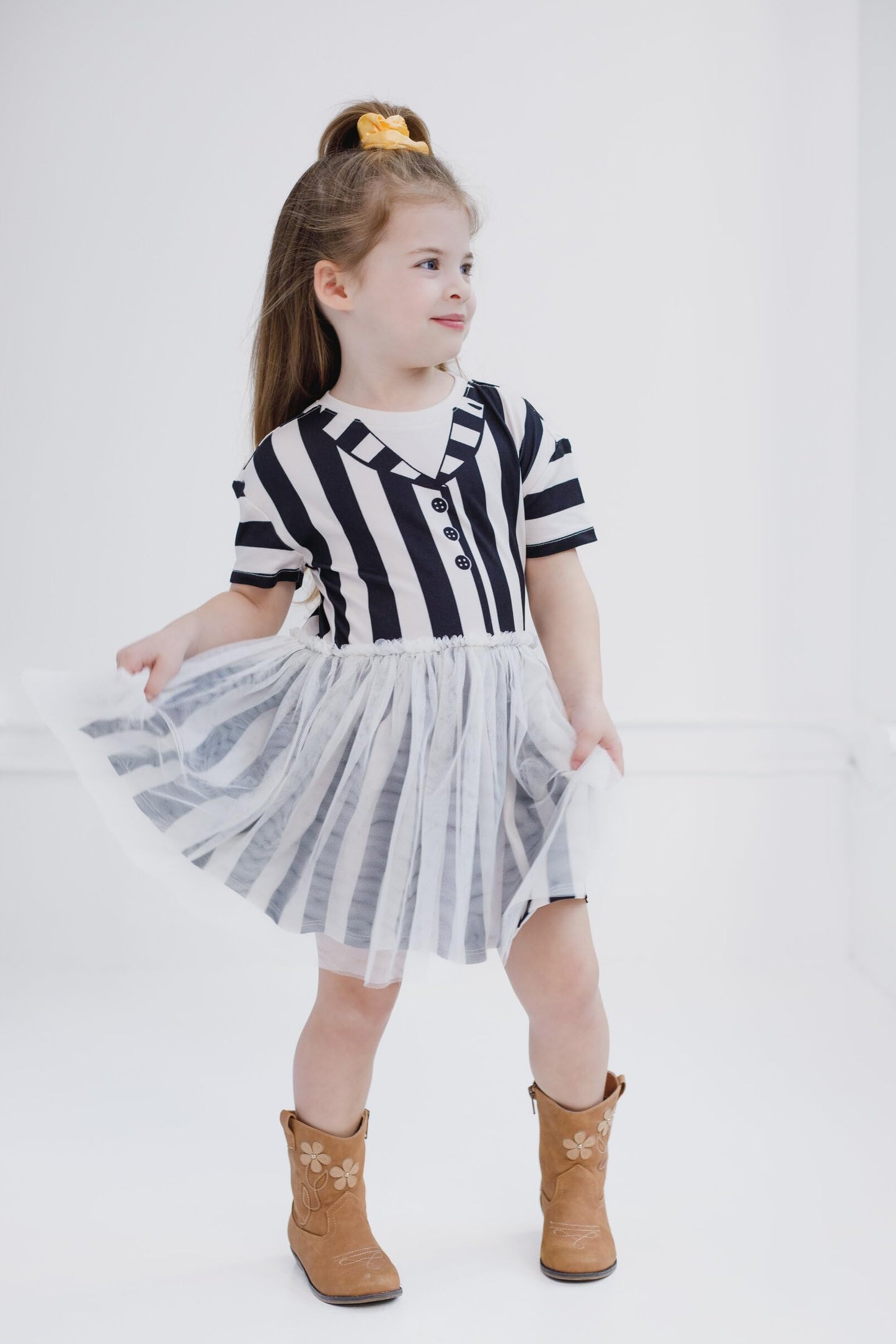 Beetlejuice Toddler Girls Drop Shoulder Cosplay Tulle Dress Black/White Stripes 2T