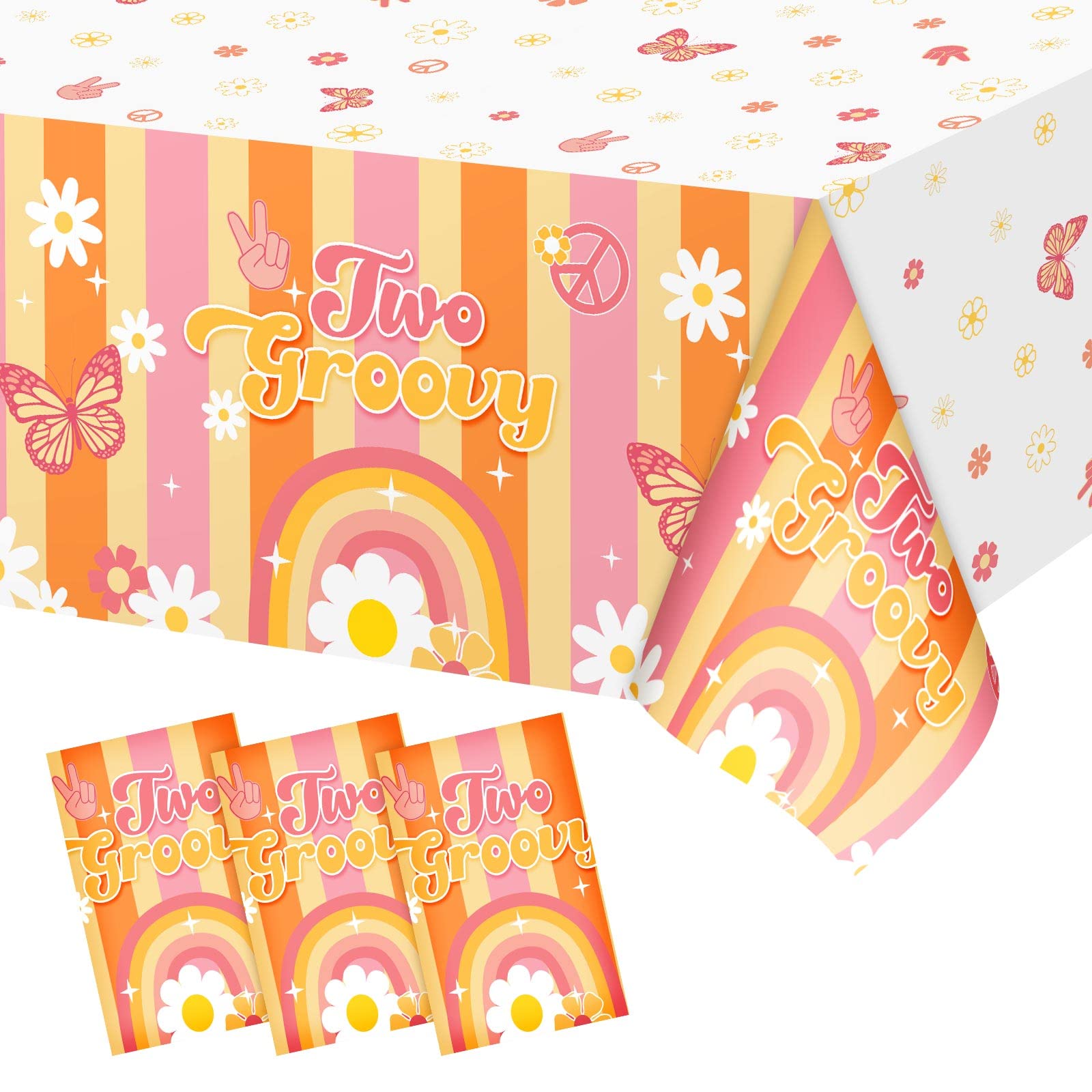 Jecery 3 Pcs Rainbow Plastic Two Groovy Tablecloths Retro Hippie Boho Party Table Covers Disposable Daisy Flower Groovy Party De